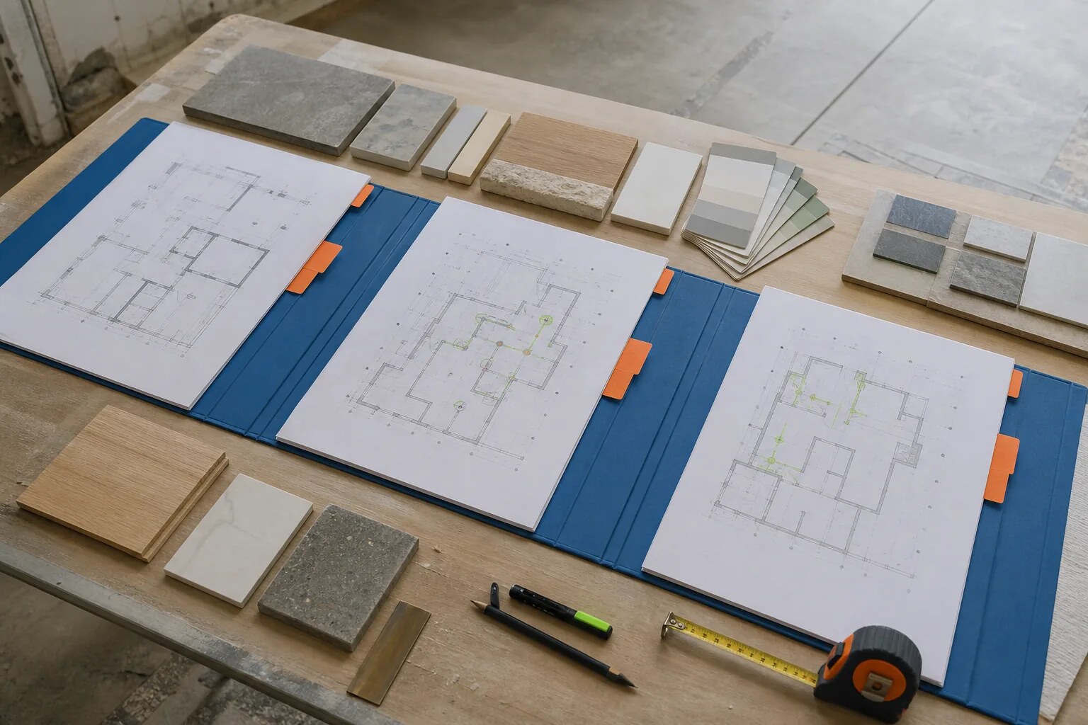 Renovation material samples arranged beside drawings and decision notes